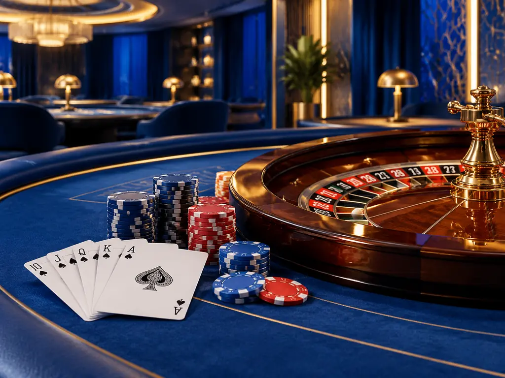 Kartu, roda rolet dan keping permainan dalam ruang kasino bernuansa biru