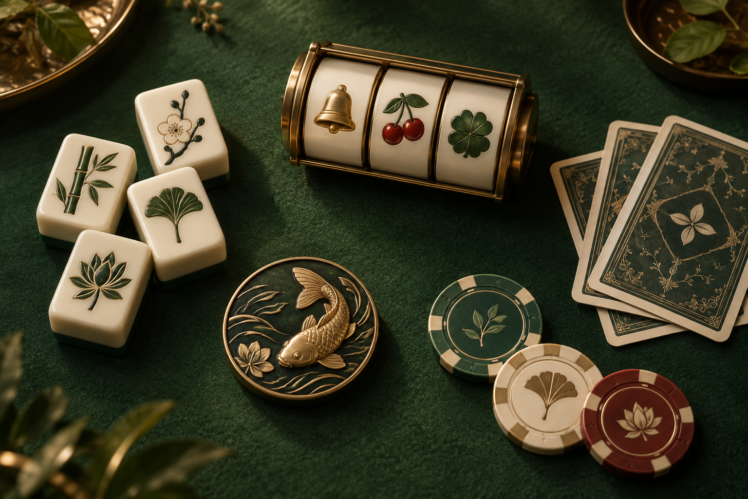 Gulungan slot, ubin mahjong, kartu dan keping di meja kasino